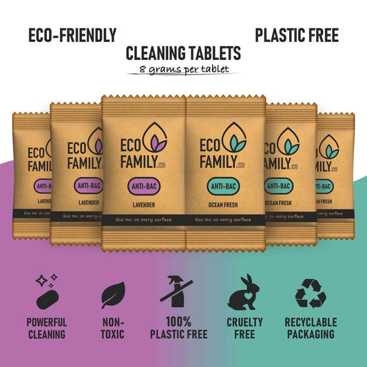 Eco Family antibacterial cleaning tablets, lavender and ocean fresh scented, eco-friendly, plastic-free packaging, powerful cleaning, non-toxic, cruelty-free, recyclable.