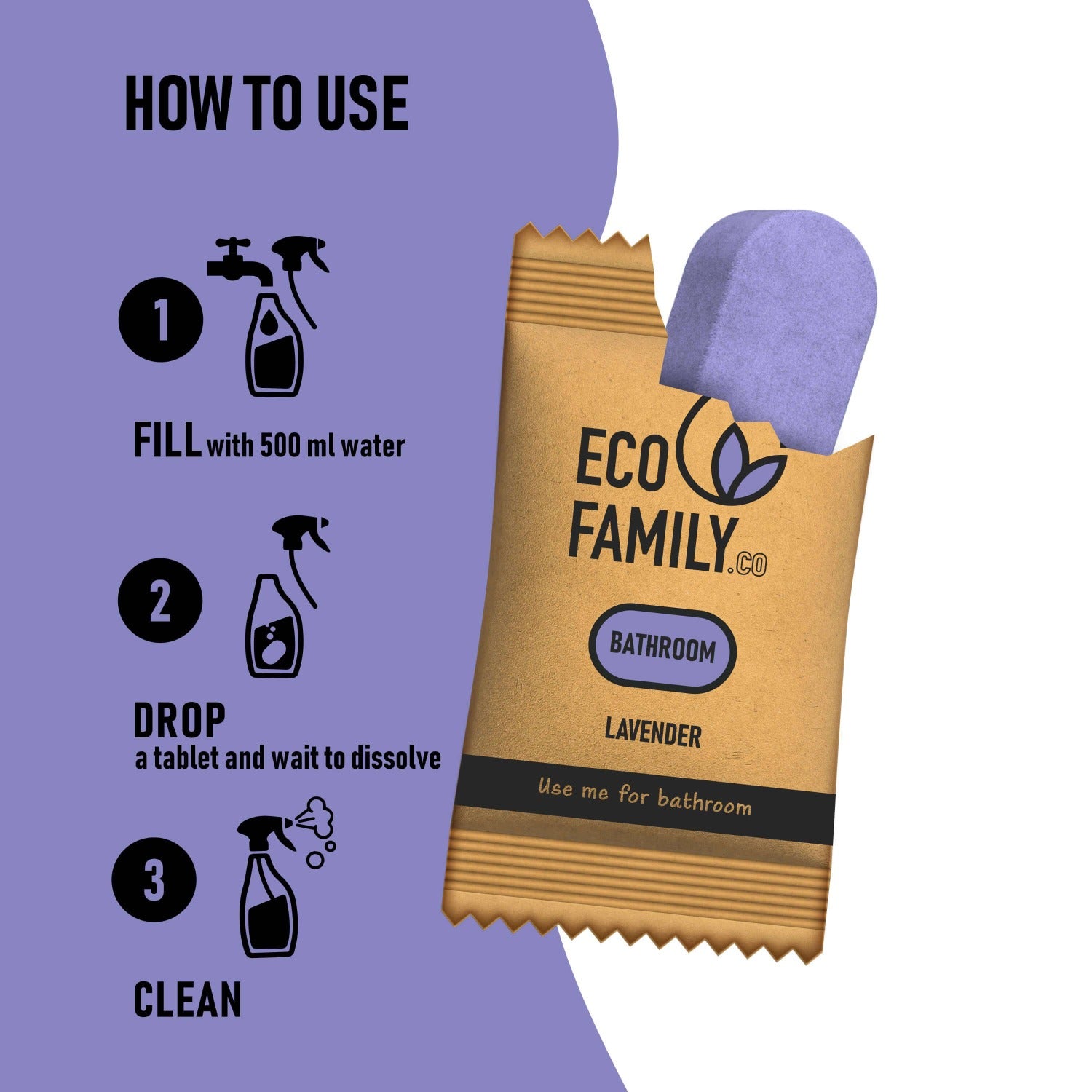 How to Use Eco Family Bathroom Cleaning Tablet Refill, Fill with water, drop an eco refill tablet, start cleaning