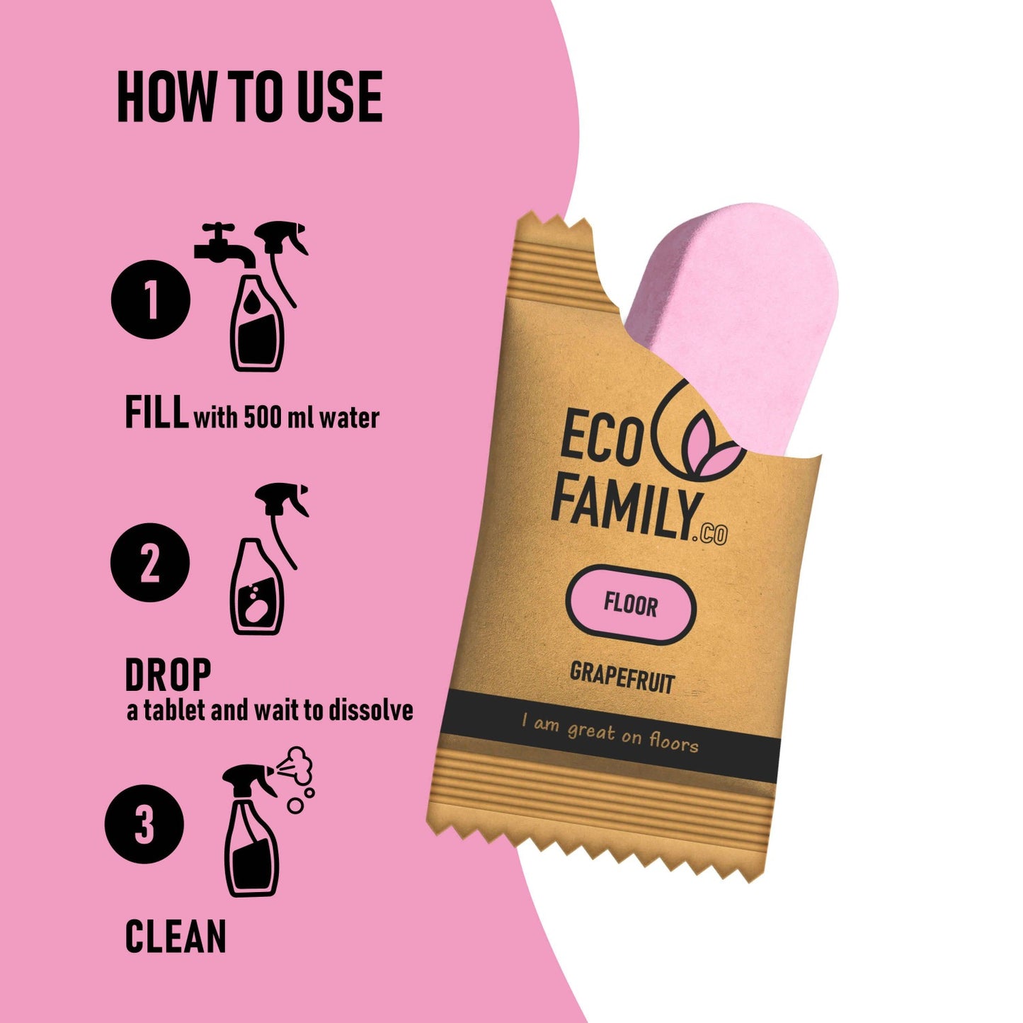 How to Use Eco Family Floor Cleaning Tablets - Fill bottle for life with water, drop a tablet, start cleaning! 