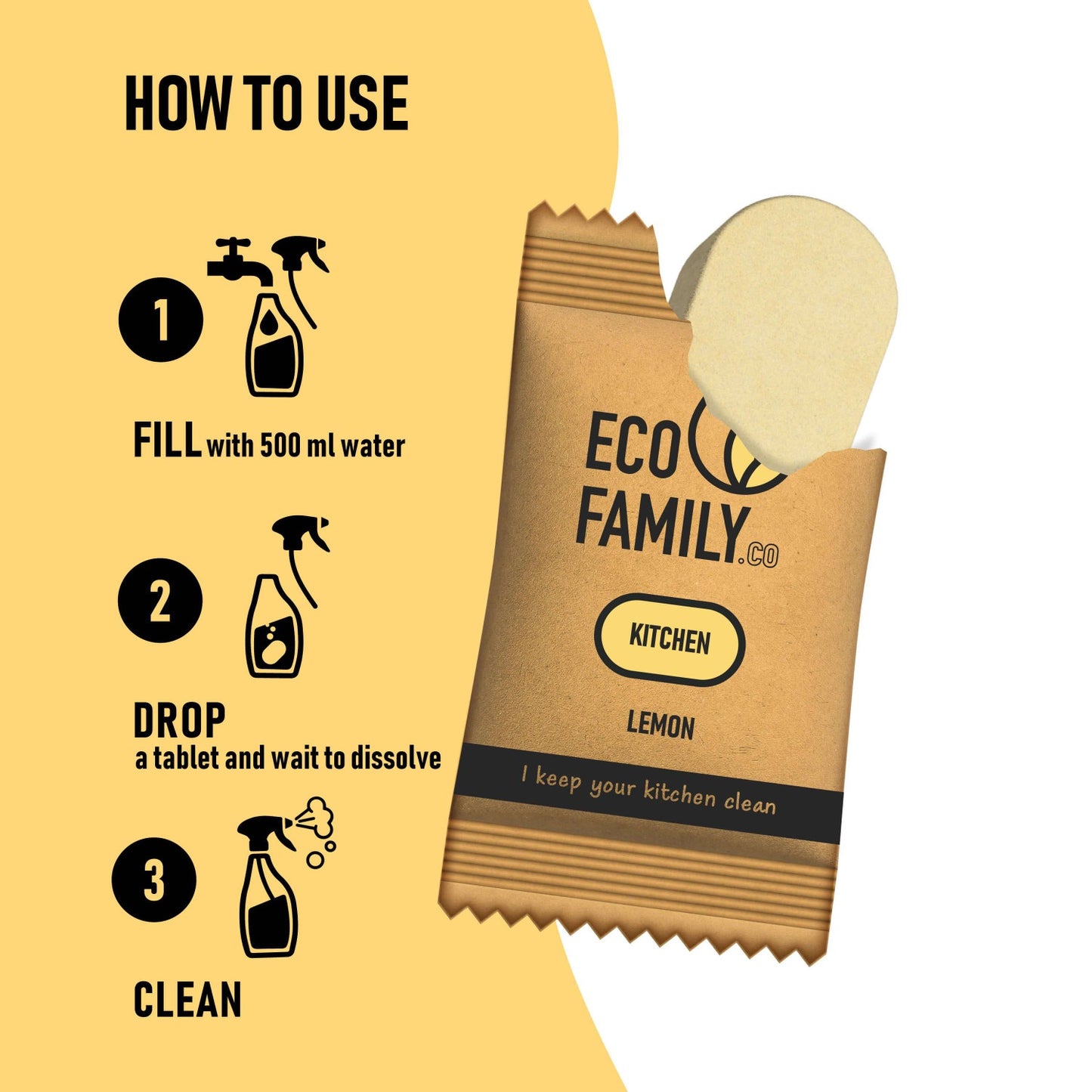 How to use Eco Friendly Kitchen Cleaner Tablet - Fill bottle with 500ml of water, drop an eco refill kitchen tablet, once dissolved start cleaning