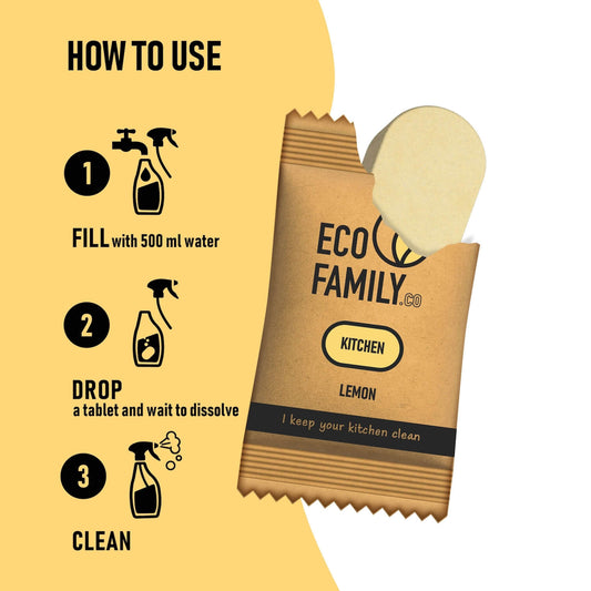 How to use Eco Family Kitchen Cleaning Refill Tablet, Fill with water, drop a refill tablet, start cleaning