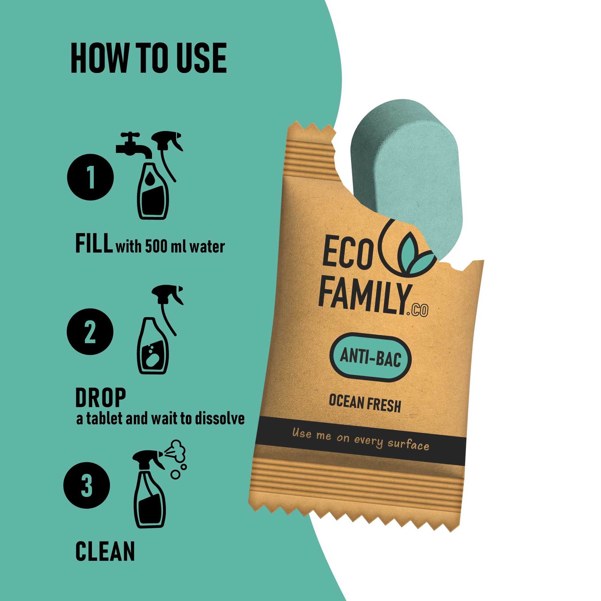 Eco Family, Easy to use, Fill with 500 ml water, Drop a tablet and then start cleaning